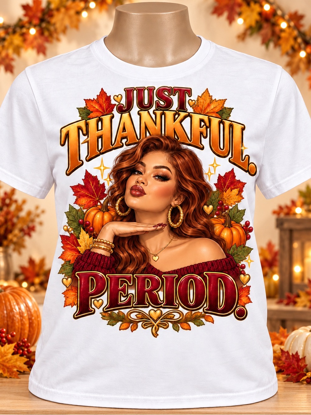 Gildan White Women's Tee with Autumn 'Just Thankful. Period.' Graphic